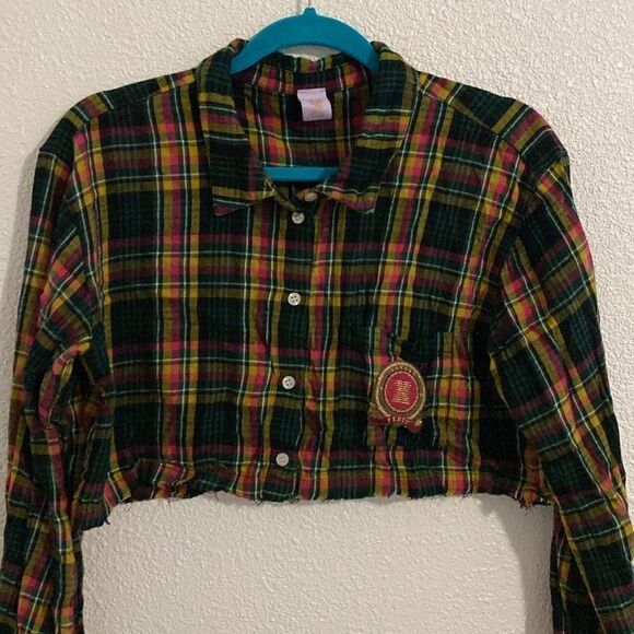 Savage X Fenty- Plaid Cropped button down - Green/Pink Plaid - Size small - Picture 2 of 7